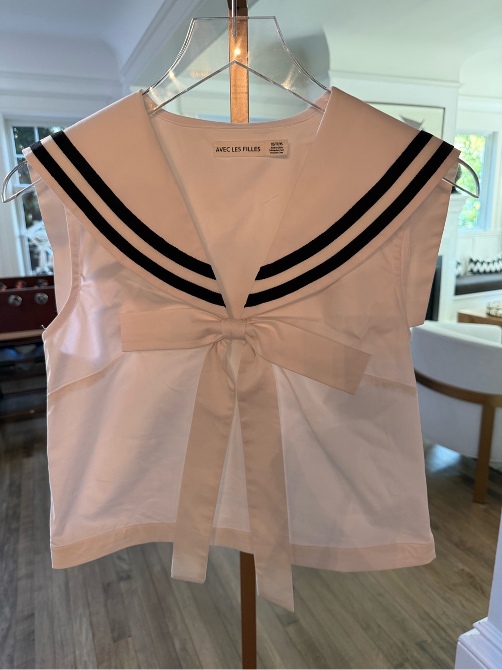 Avec Les Filles White Sleeveless Sailor Bow Top with Navy Trim